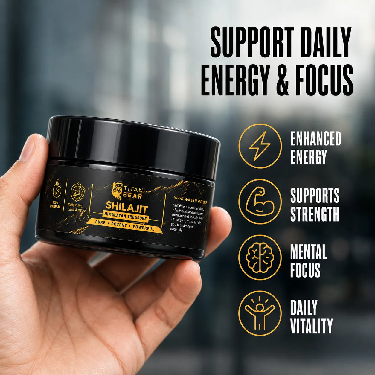 Hand holding Titan Bear shilajit resin jar beside a daily energy and focus graphic