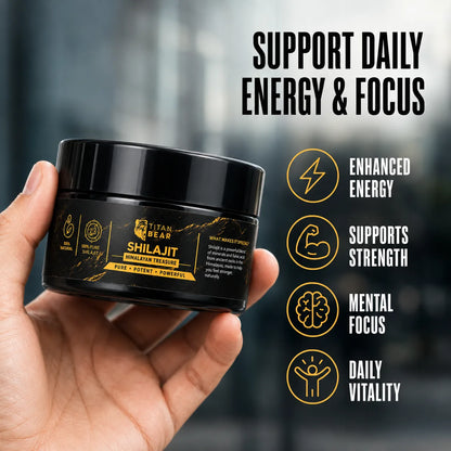 Hand holding Titan Bear shilajit resin jar beside a daily energy and focus graphic