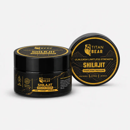 Titan Bear Himalayan shilajit resin jar with branded black and gold lid
